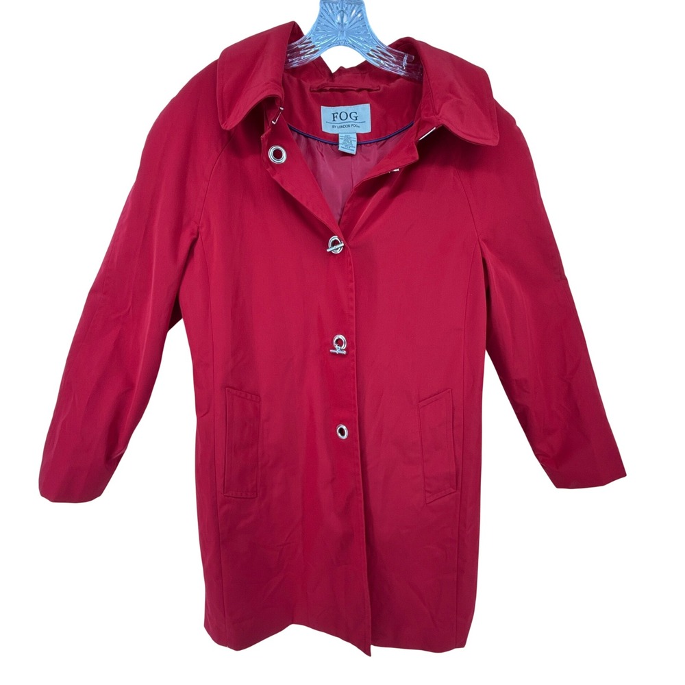 FOG by London Fog Red Hooded Trench Coat Jacket Women Medium Toggle Closure